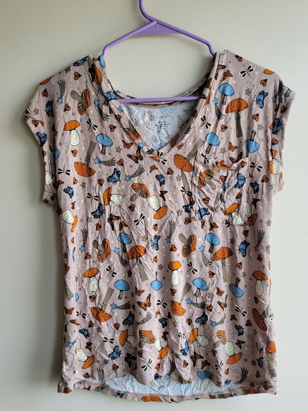 Mushroom & Butterfly Print V-Neck Tee